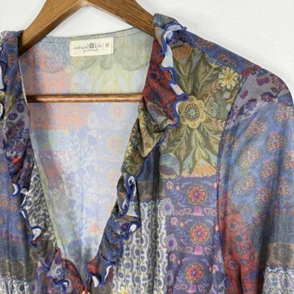 Natural Life Boho Floral Top Tunic M Sheer Mesh Long Sleeve Blouse